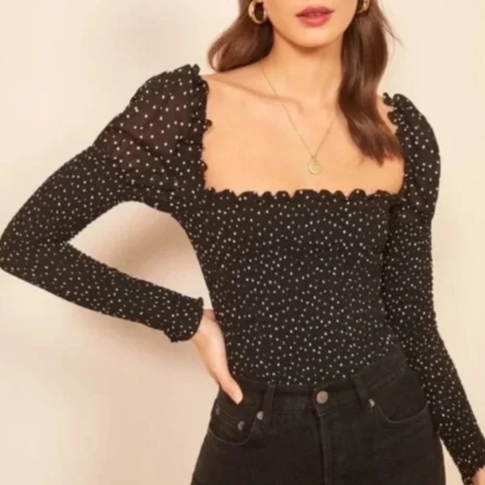Reformation Elisabetta Black and White Polka Dot Georgette Blouse Sz M